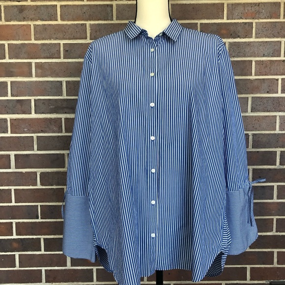 Loft Long Sleeve Button Down Shirt Blue and White Striped Tie Open Sleeves NWOT - Picture 4 of 5
